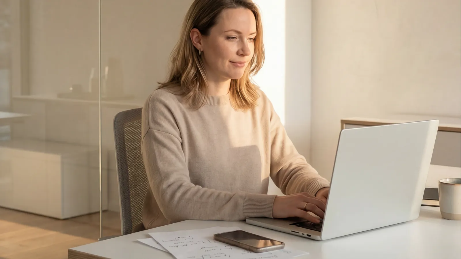 A person working at a laptop in a bright, modern office